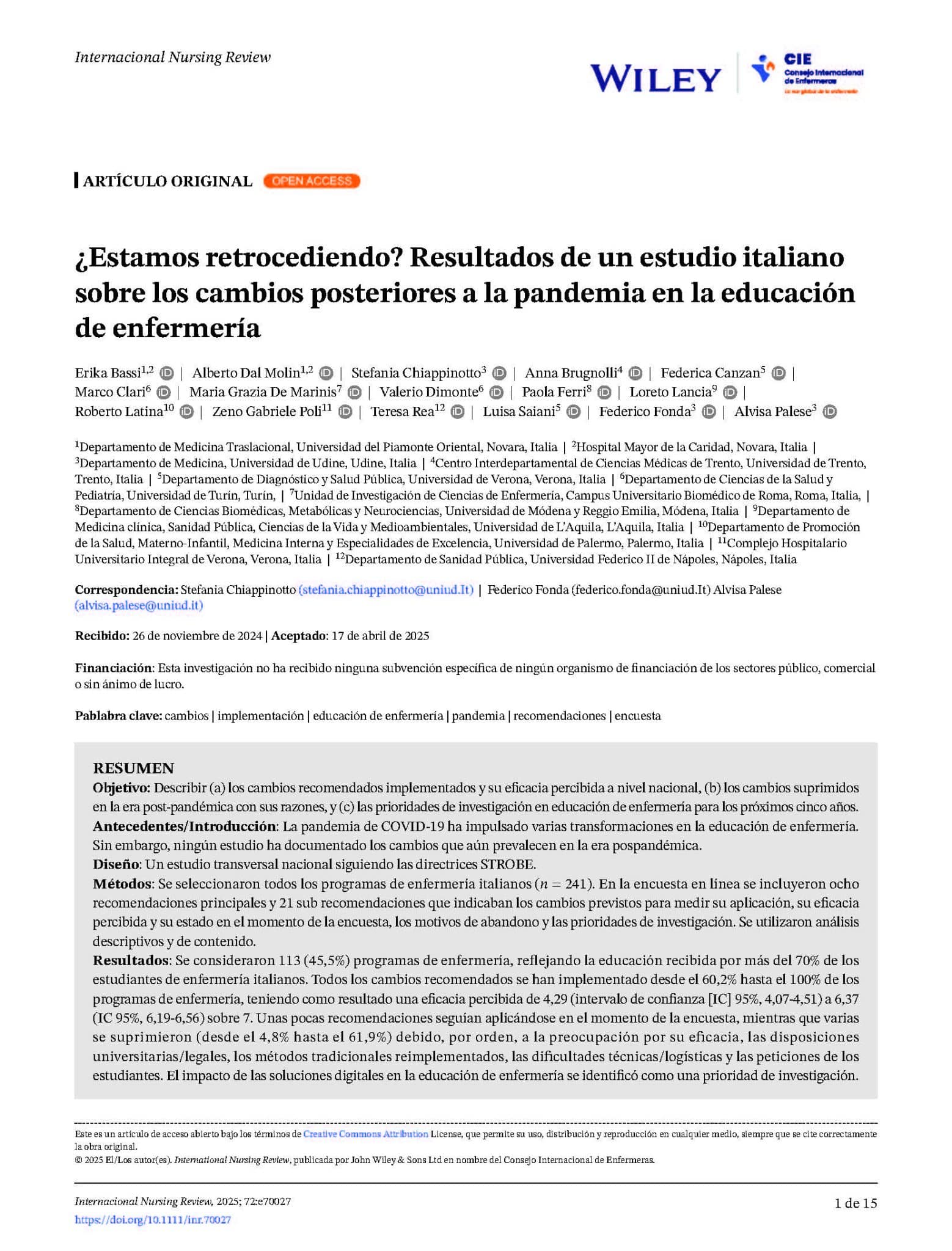 ¿Estamos retrocediendo? Resultados de un estudio italiano sobre los cambios posteriores a la pandemia en la educación de enfermería