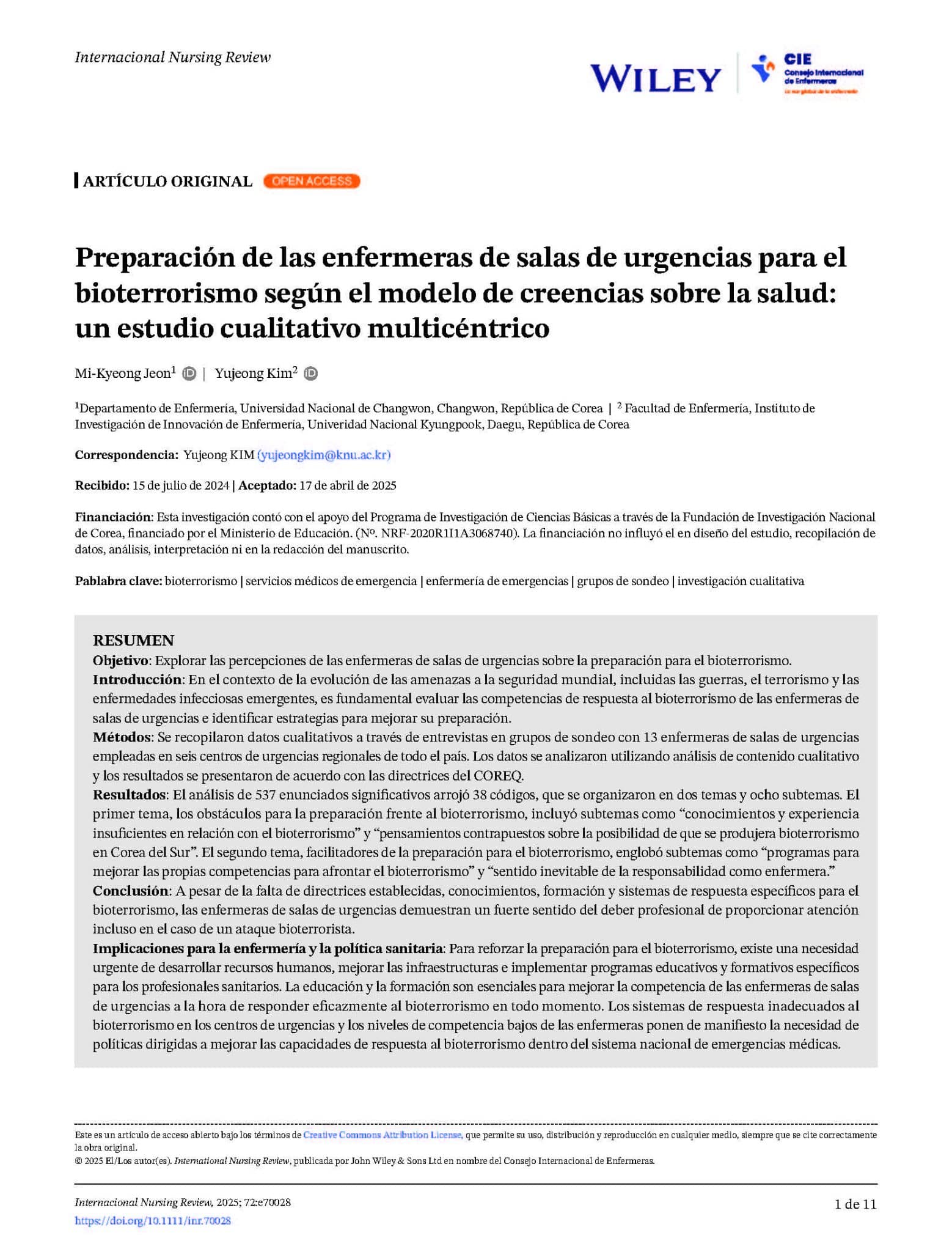 Preparación de las enfermeras de salas de urgencias para el bioterrorismo según el modelo de creencias sobre la salud: un estudio cualitativo multicéntrico