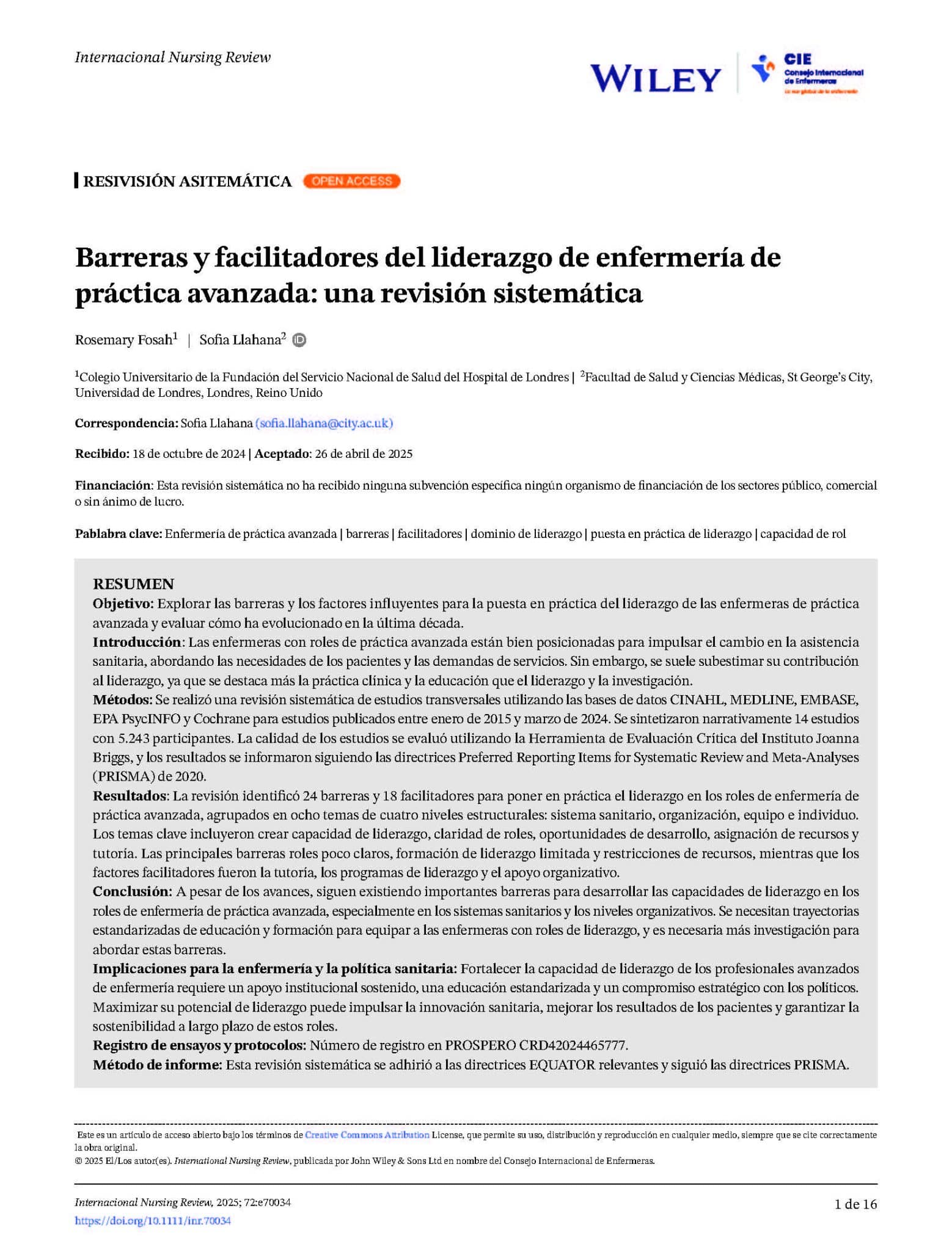 Barreras y facilitadores del liderazgo de enfermería de práctica avanzada: una revisión sistemática