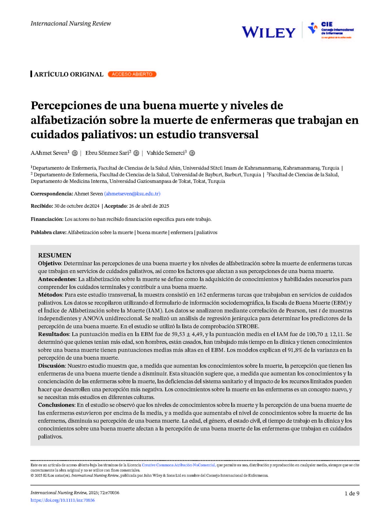 Percepciones de una buena muerte y niveles de alfabetización sobre la muerte de enfermeras que trabajan en cuidados paliativos: un estudio transversal